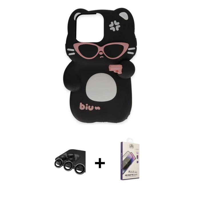 iPhone 15 Pro Akış Yansıma - Siyah Bilvis 3D Mat Cam Ekran Koruyucu + Titanyum Gri Raze Metal Kamera Lens