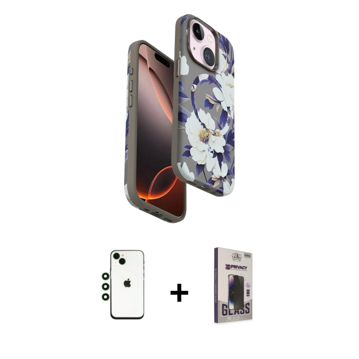 iPhone 14 Siluet Doku - Siyah Bilvis Hayalet Cam Ekran Koruyucu + Yeşil Shine Kamera Lens