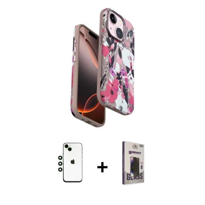 iPhone 14 Siluet Doku - Siyah Bilvis Hayalet Cam Ekran Koruyucu + Yeşil Shine Kamera Lens