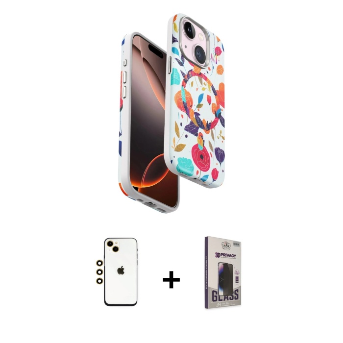 iPhone 14 Siluet Doku - Siyah Bilvis Hayalet Cam Ekran Koruyucu + Gold Shine Kamera Lens