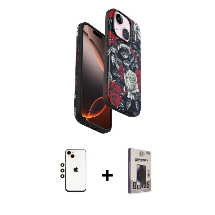 iPhone 14 Siluet Doku - Siyah Bilvis Hayalet Cam Ekran Koruyucu + Gold Shine Kamera Lens