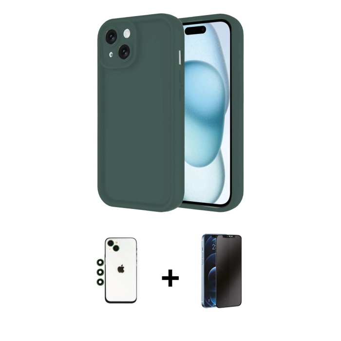 iPhone 14 Yankı Yansıma Özel Seri - Siyah 3D Antistatik Hayalet Cam Ekran Koruyucu + Yeşil Shine Kamera Lens