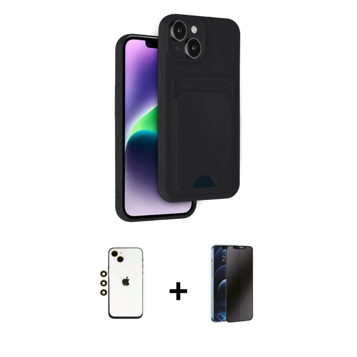 iPhone 14 Vadi Çizgi Prime - Siyah 3D Antistatik Hayalet Cam Ekran Koruyucu + Gold Shine Kamera Lens