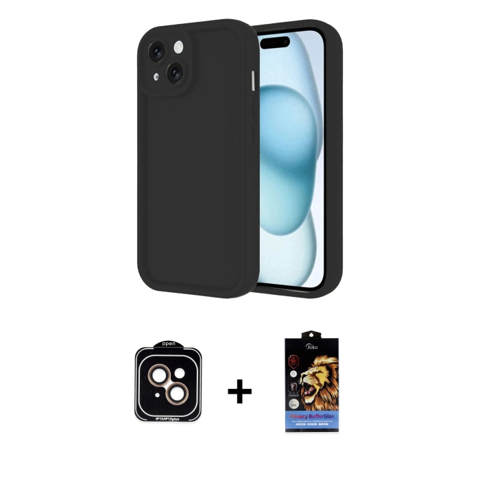 iPhone 14 Yankı Yansıma Özel Seri - Siyah Buffer Hayalet Cam Ekran Koruyucu + Turuncu PVD Metal Kamera Lens