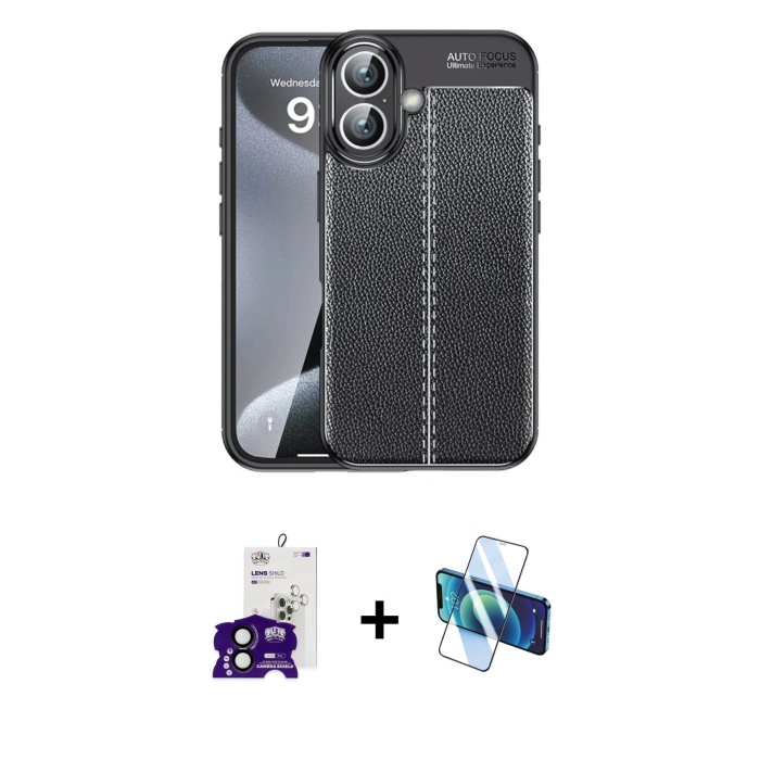 iPhone 16 Doruk Klasik Özel Seri - Siyah 3D Antistatik Cam Ekran Koruyucu + Siyah Bilvis Titan Kamera Lens