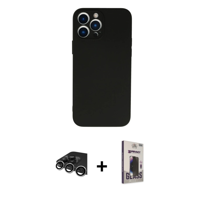 iPhone 13 Pro Max Ahenk Serisi - Siyah Bilvis Hayalet Cam Ekran Koruyucu + Gümüş Raze Metal Kamera Lens