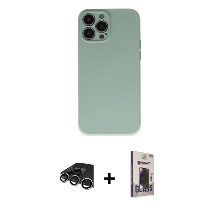 iPhone 13 Pro Max Ahenk Serisi - Siyah Bilvis Hayalet Cam Ekran Koruyucu + Gümüş Raze Metal Kamera Lens