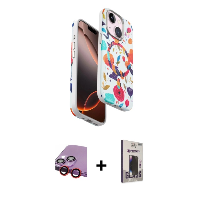 iPhone 14 Siluet Doku - Siyah Bilvis Hayalet Cam Ekran Koruyucu + Kırmızı Raze Metal Kamera Lens