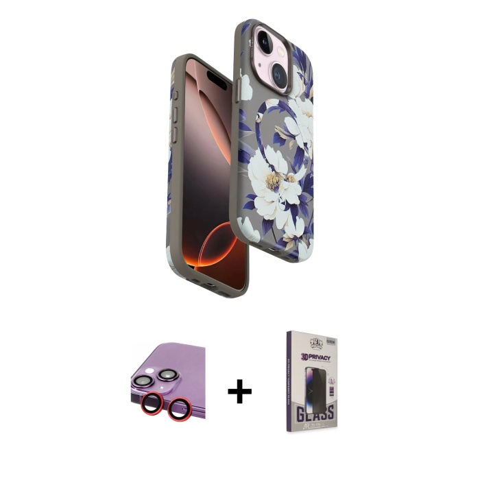 iPhone 14 Siluet Doku - Siyah Bilvis Hayalet Cam Ekran Koruyucu + Kırmızı Raze Metal Kamera Lens