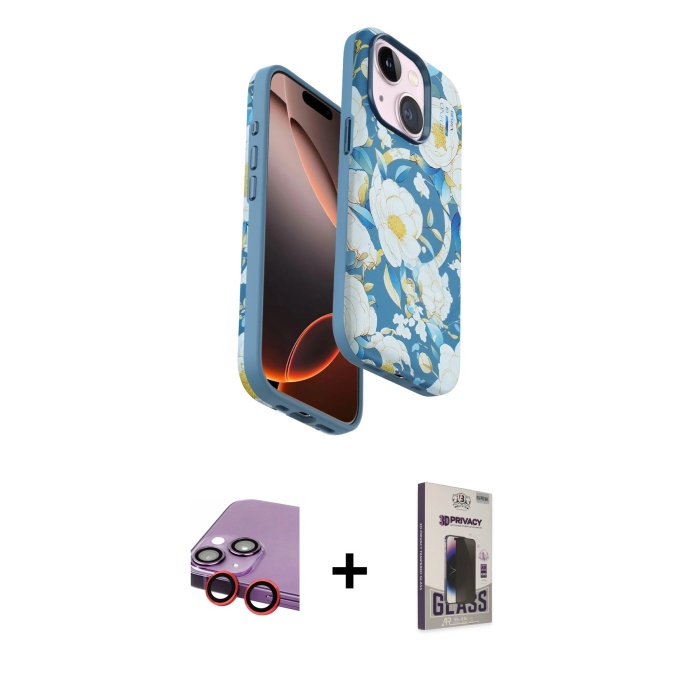 iPhone 14 Siluet Doku - Siyah Bilvis Hayalet Cam Ekran Koruyucu + Kırmızı Raze Metal Kamera Lens