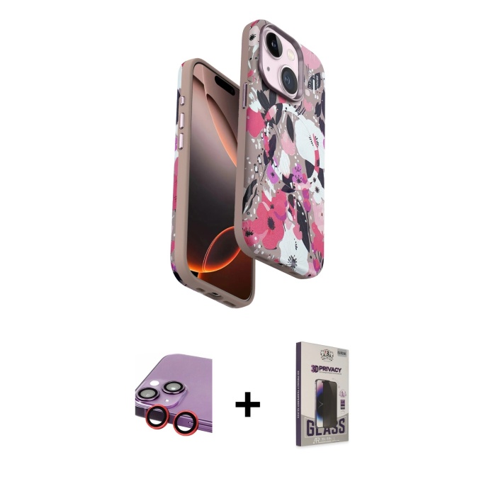 iPhone 14 Siluet Doku - Siyah Bilvis Hayalet Cam Ekran Koruyucu + Kırmızı Raze Metal Kamera Lens