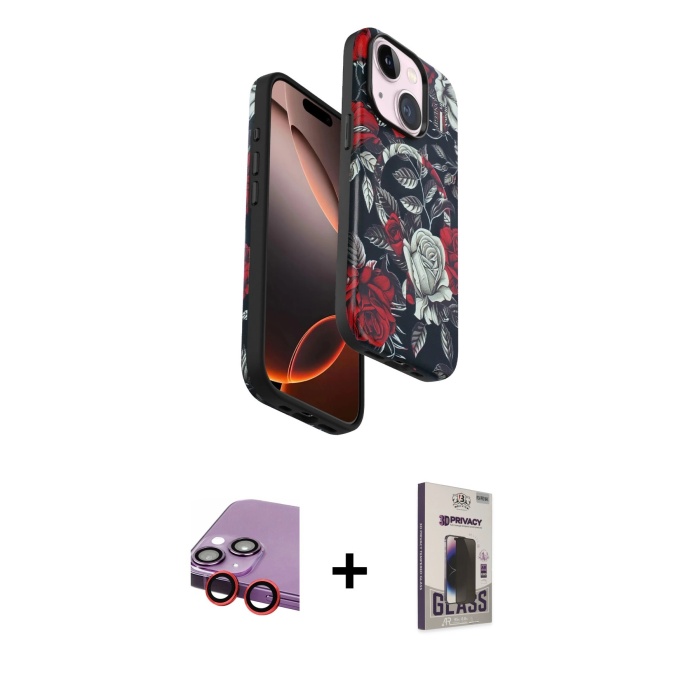 iPhone 14 Siluet Doku - Siyah Bilvis Hayalet Cam Ekran Koruyucu + Kırmızı Raze Metal Kamera Lens