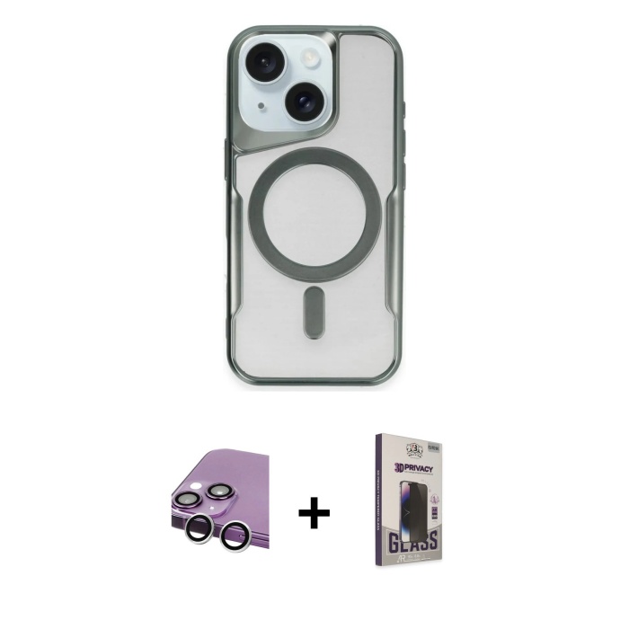 iPhone 14 Yadigar Klasik Özel Seri - Siyah Bilvis Hayalet Cam Ekran Koruyucu + Gümüş Raze Metal Kamera Lens