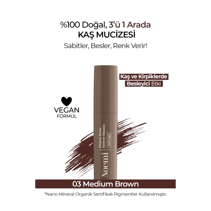 Noemi %100 Doğal, 3’ü 1 Arada Kaş Maskarası / Eyebrow Mascara - 03 Medium Brown / Kahverengi