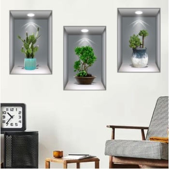 3D Çiçek Vazo Duvar Sticker 3 lü Set GRİ Fon (5381)