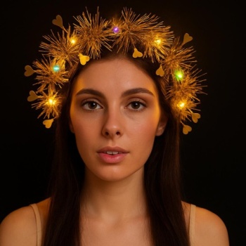 Kalp Püsküllü Gece Parıltısı 3 Modlu LEDli Işıklı Taç Altın Renk