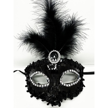 Siyah Renk Payetli Pullu Tüylü Parti Maskesi 17x20 cm (5381)