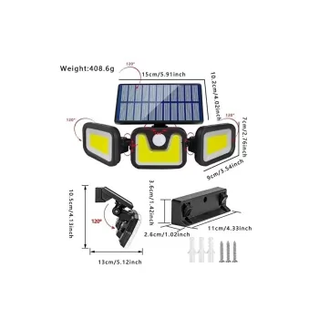 Üçlü Solar Led Projektör – Beyaz Işık – Sensörlü Dış Mekân Aydınlatma (5381)