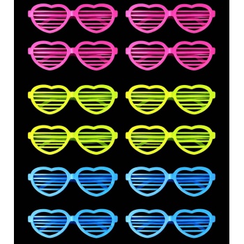 Retro Neon Fosforlu Kalp Panjur Gözlük 12 Adet – 80’ler 90’lar Parti Stili (5381)