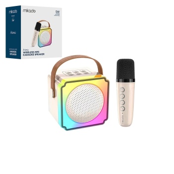 BEYAZ KARAOKE MİKROFONLU WİRELESS HOPARLÖR - SPEAKER IŞIKLI USB ŞARJLI BT - TF CARD - AUX 5W (5381)
