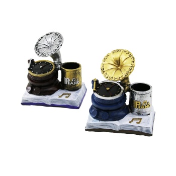 SAAT - GRAMAFON VİNTAGE DEKORATİF BİBLO - RENKLİ KALEMLİK 13X12X8.5CM REÇİNE (5381)