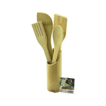 5PCS AHŞAP BAMBU MUTFAK SETİ STAND - KAŞIK - ÇATAL - 2 SPATULA FİLELİ (5381)