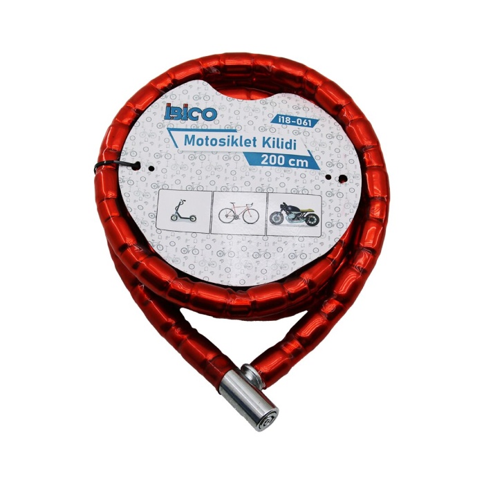 TÜP ANAHTARLI METAL KAFA ÇELİK MOTOR - BİSİKLET KİLİT SİLİNDİRİK SPİRAL KİLİT KIRMIZI KILIF22MM X 200CM (5381)