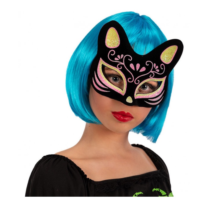 Siyah Renk Süet Kaplama Üzeri Sarı Pembe Simli Kedi Maskesi 17x14 cm (5381)