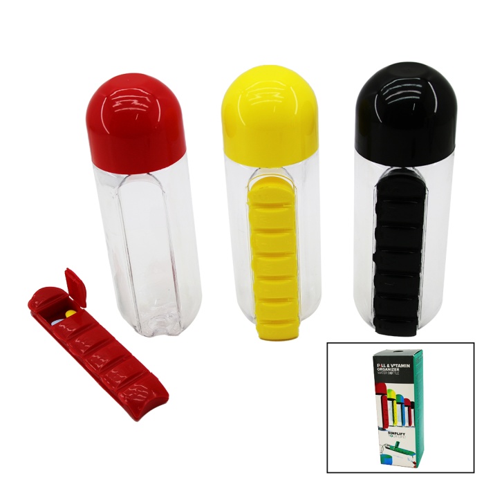 İLAÇ KUTULU PLASTİK SULUK MATARA RENKLİ BARDAK KAPAKLI 600ML (5381)