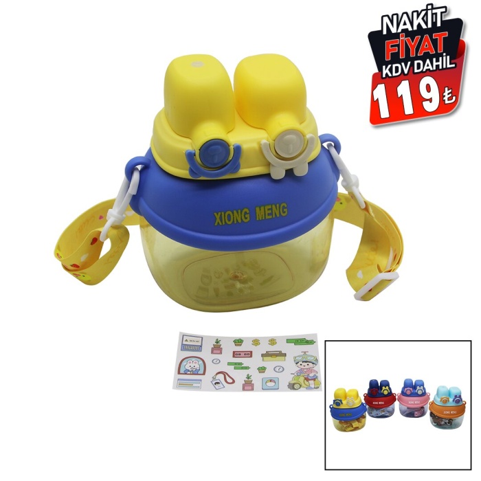 YÜZ MODELİ  - 2 KİLİTLİ KAPAK  RENKLİ MİKA KRİSTAL SULUK MATARA PİPETLİ - NAYLON ÇANTALI - ASKILI 1280ML (5381)