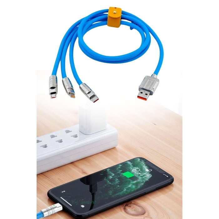 Kutulu  3 Şarj Aleti 1 Arada Çinko Alaşım Hızlı Şarj Kablosu Mavi 3 in 1 (5381)