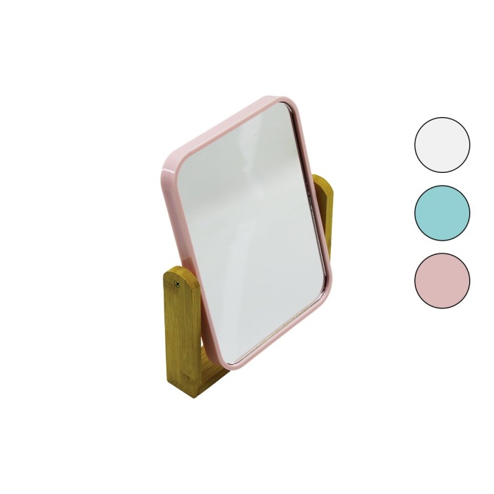 DİKDÖRTGEN=20.5X15.5CM AHŞAP BAMBU AYAKLI MAKYAJ AYNASI ÇİFT TARAFLI RENKLİ PLASTİK ÇERÇEVE (5381)
