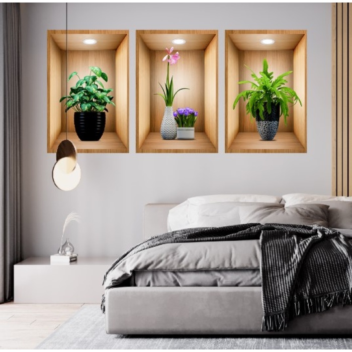 3D Çiçek Vazo Duvar Sticker 3 lü Set Kahverengi Fon (5381)