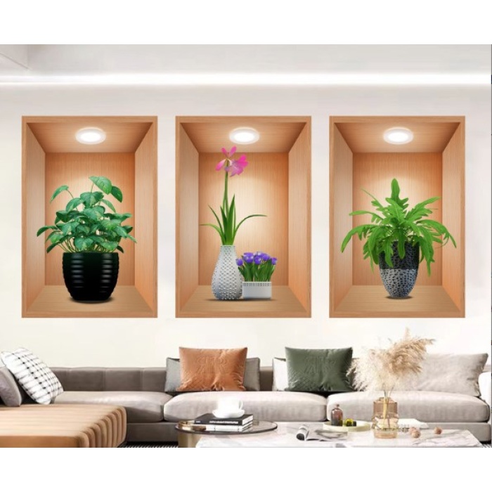 3D Çiçek Vazo Duvar Sticker 3 lü Set Kahverengi Fon (5381)
