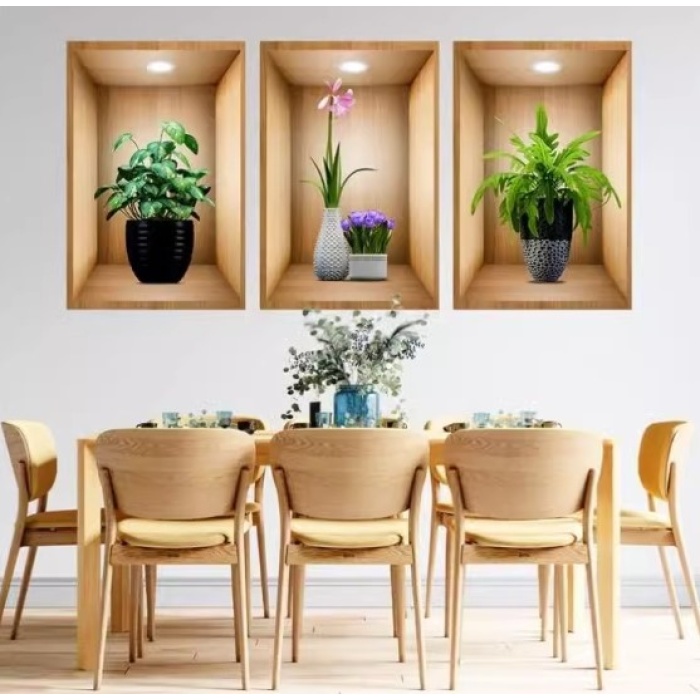 3D Çiçek Vazo Duvar Sticker 3 lü Set Kahverengi Fon (5381)