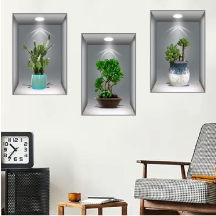 3D Çiçek Vazo Duvar Sticker 3 lü Set GRİ Fon (5381)