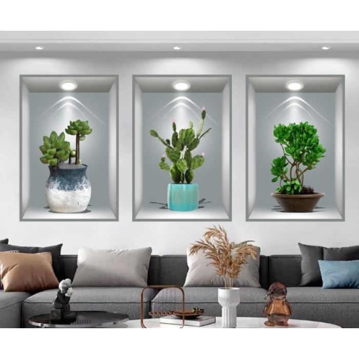 3D Çiçek Vazo Duvar Sticker 3 lü Set GRİ Fon (5381)