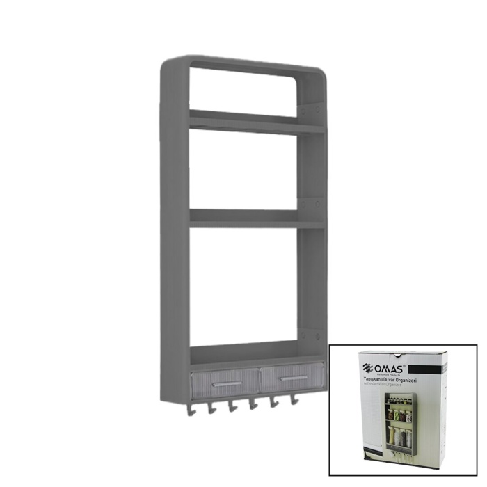 GRİ YAPIŞKANLI DUVAR ORGANİZERİ PLASTİK 3 RAF=14CM-19CM-30CM - 2 ÇEKMECE=40CM - 6 ASKI 19 PARÇA (5381)