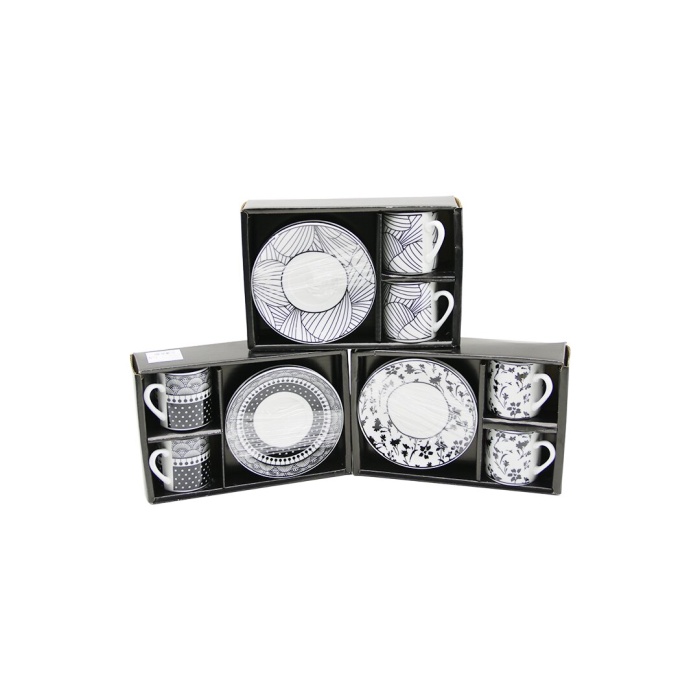 SİYAH - BEYAZ 4PCS=2-TAKIM  PORSELEN KAHVE FİNCANI  ÇİÇEK - ÇİZGİ - NOKTA MİX DESEN (5381)