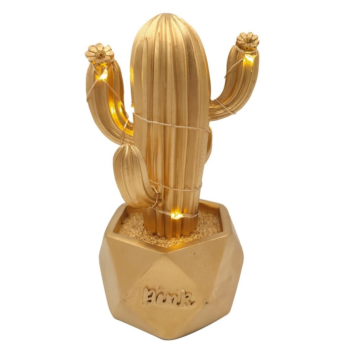 Led Işıklı Sevimli Kaktüs Dekoratif Masa Lambası Mini Biblo Gece Lambası-GOLD (5381)