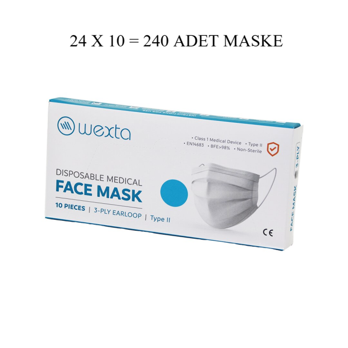WEXTA BEYAZ 3 KATLI MEDİKAL CERRAHİ YÜZ MASKESİ 10PCS x 24 = 240 ADET (5381)
