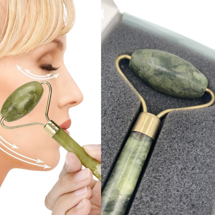 Özel Süngerli Kutusunda Kırılmaz Çift Taraflı 2li Cilt Yüz Masaj Aleti Jade Roller Yeşim Taşı (5381)