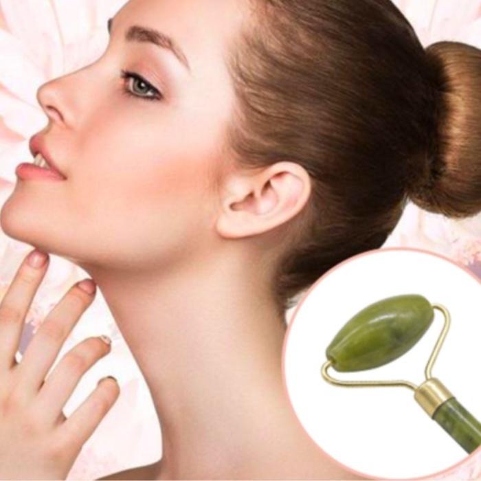 Özel Süngerli Kutusunda Kırılmaz Çift Taraflı 2li Cilt Yüz Masaj Aleti Jade Roller Yeşim Taşı (5381)