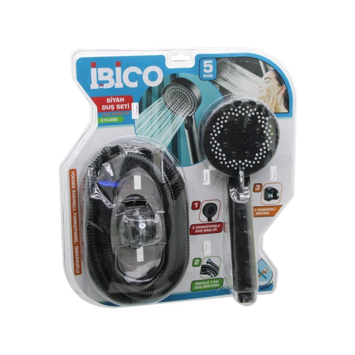 VAKUMLU - SİYAH LÜKS DUŞ SETİ  DUŞ BAŞLIK=5 MOD=FONKSİYON ÖRGÜLÜ HORTUM=1.5MT MAFSAL=3 KADEME (5381)