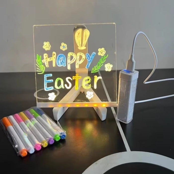 LED Işıklı Kendiliğinden Renkli Fosforlu Kalemli Kare Yazı Panosu 20x20 cm (5381)