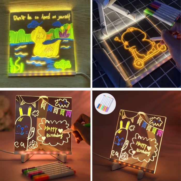 LED Işıklı Kendiliğinden Renkli Fosforlu Kalemli Kare Yazı Panosu 20x20 cm (5381)