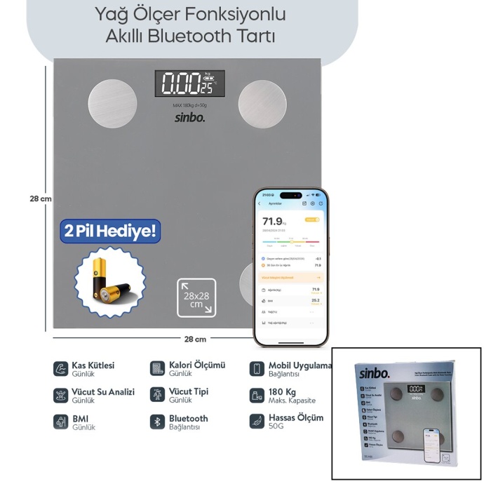 GRİ YAĞ ÖLÇER AKILLI BLUETOOTH CAM BASKÜL PİLLİ 180KG/50GR 28X28CM 8-KİŞİ HAFIZA LCD EKRAN ℃ GÖSTERGE SBS-4469 (5381)