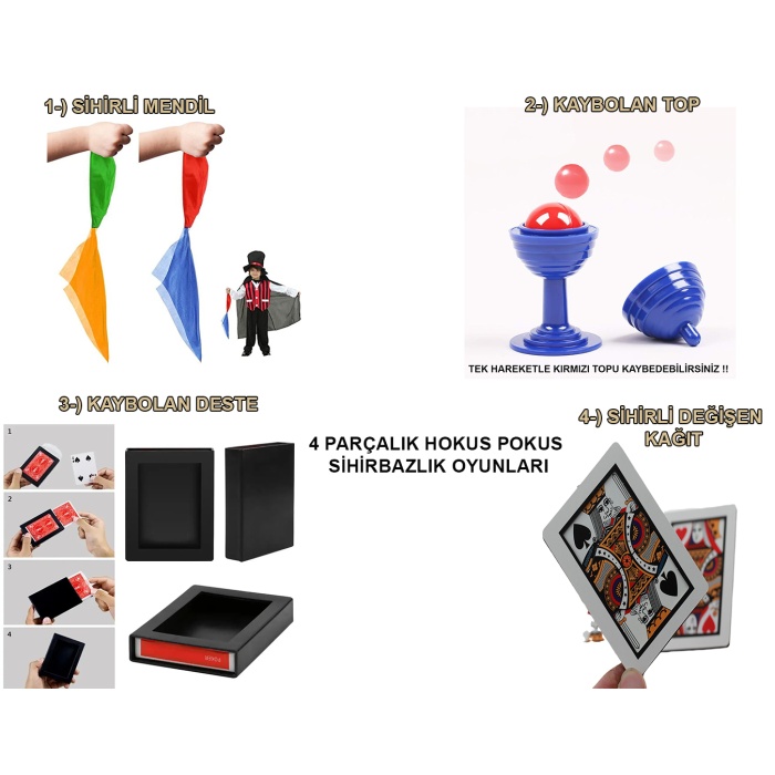 4&amp;apos;lü Sihirbazlık Seti – Hokus Pokus Sihirli Numara Seti-KUPA-MENDİL-DESTE-İSKAMBİL (5381)