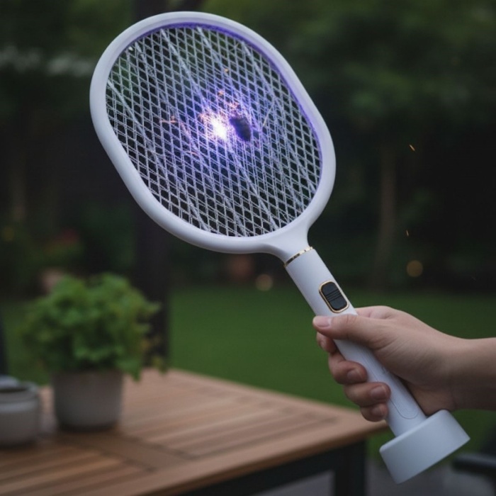 USB Şarjlı Beyaz Renk Kendiliğinden Standlı Şarj Göstergeli UV Işıklı Sinek Öldürme Raketi LTD-718 (5381)