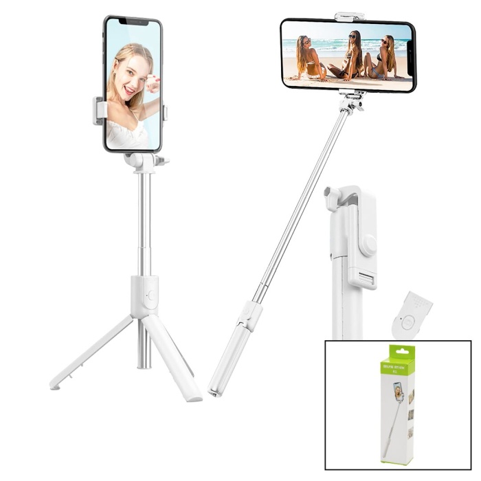 BEYAZ  SELFİ ÇUBUK - TRİPOD AYAKLI  57CM UZAYAN-KISALAN SAPLI + 10CM =67CM (5381)